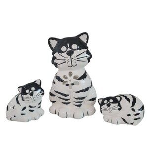 Set Of 3 Hand-Painted Ceramic Black & White Cat salt and pepper shaker/ caddy
